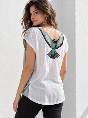 Sisley Gray White Cowl Neck Bird Applique Back Top Blouse Size Large
